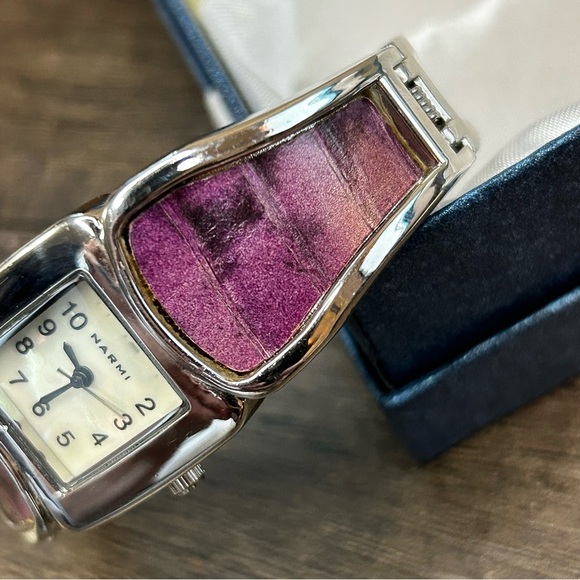 Narmi Stainless Steel Cuff Watch With Purple Leather Mother of Pearl Crystal - Picture 5 of 6